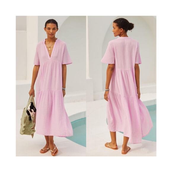 Anthropologie Kallie Gauzy Tiered Maxi Dress Size L Pink Oversized Flowy Cotton - Picture 1 of 9